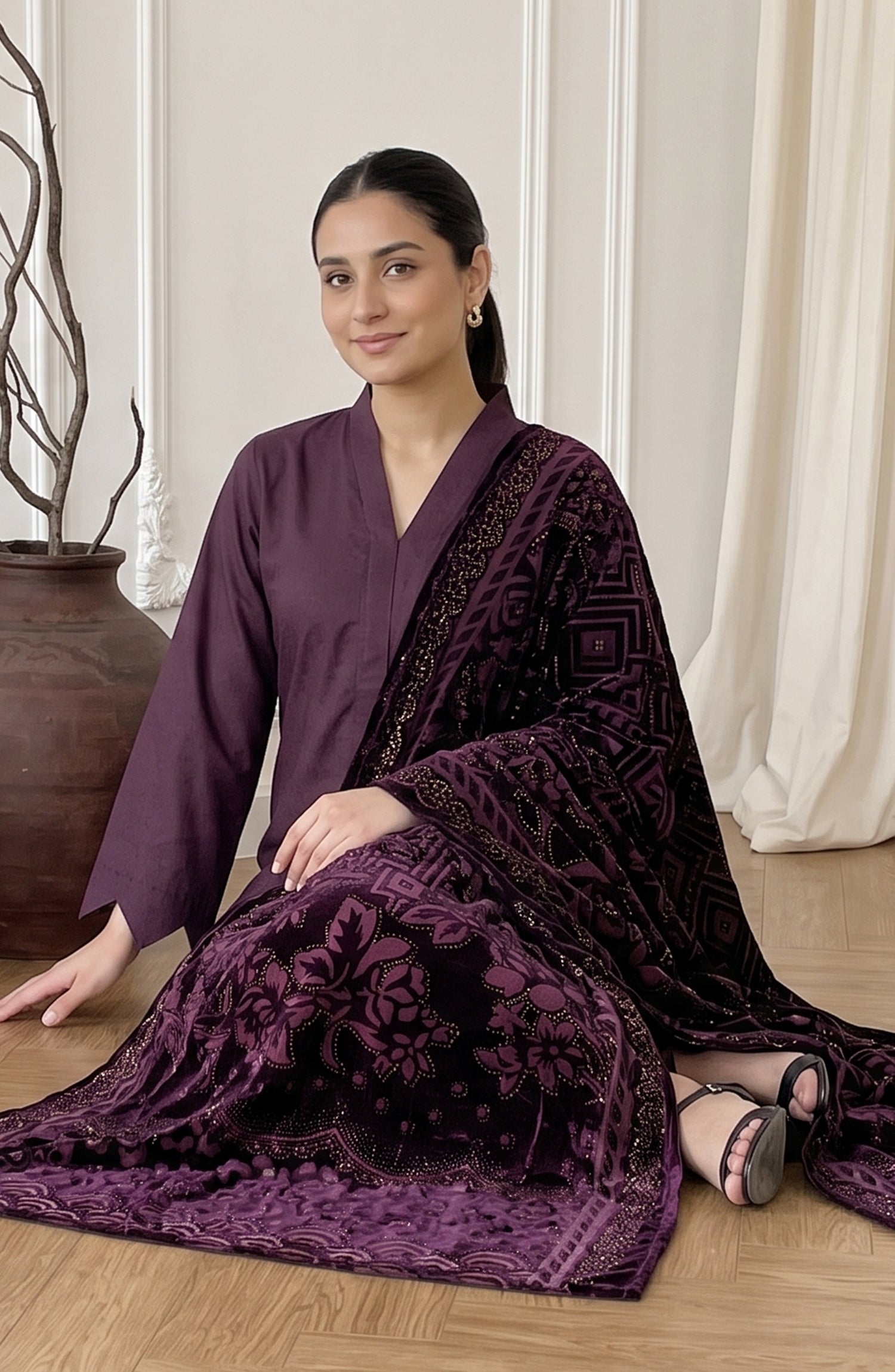 Calira by Amna Khadija Fancy Dhanak Jacquard Unstitched 3 Piece Suit - AKC-02 - AM26CLR - Purple - Winter Collection