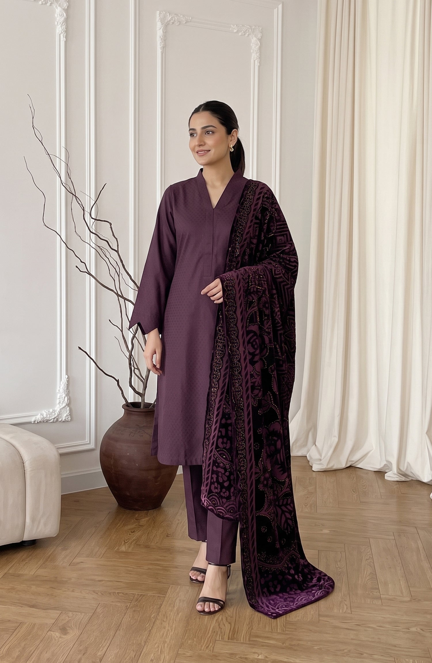 Calira by Amna Khadija Fancy Dhanak Jacquard Unstitched 3 Piece Suit - AKC-02 - AM26CLR - Purple - Winter Collection