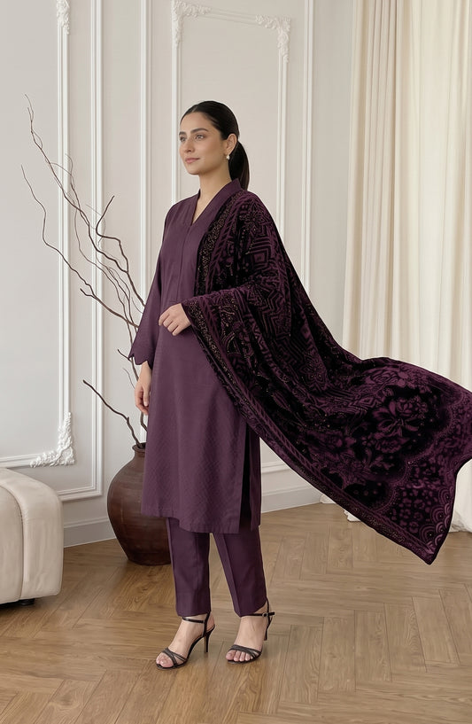 Calira by Amna Khadija Fancy Dhanak Jacquard Unstitched 3 Piece Suit - AKC-02 - AM26CLR - Purple - Winter Collection