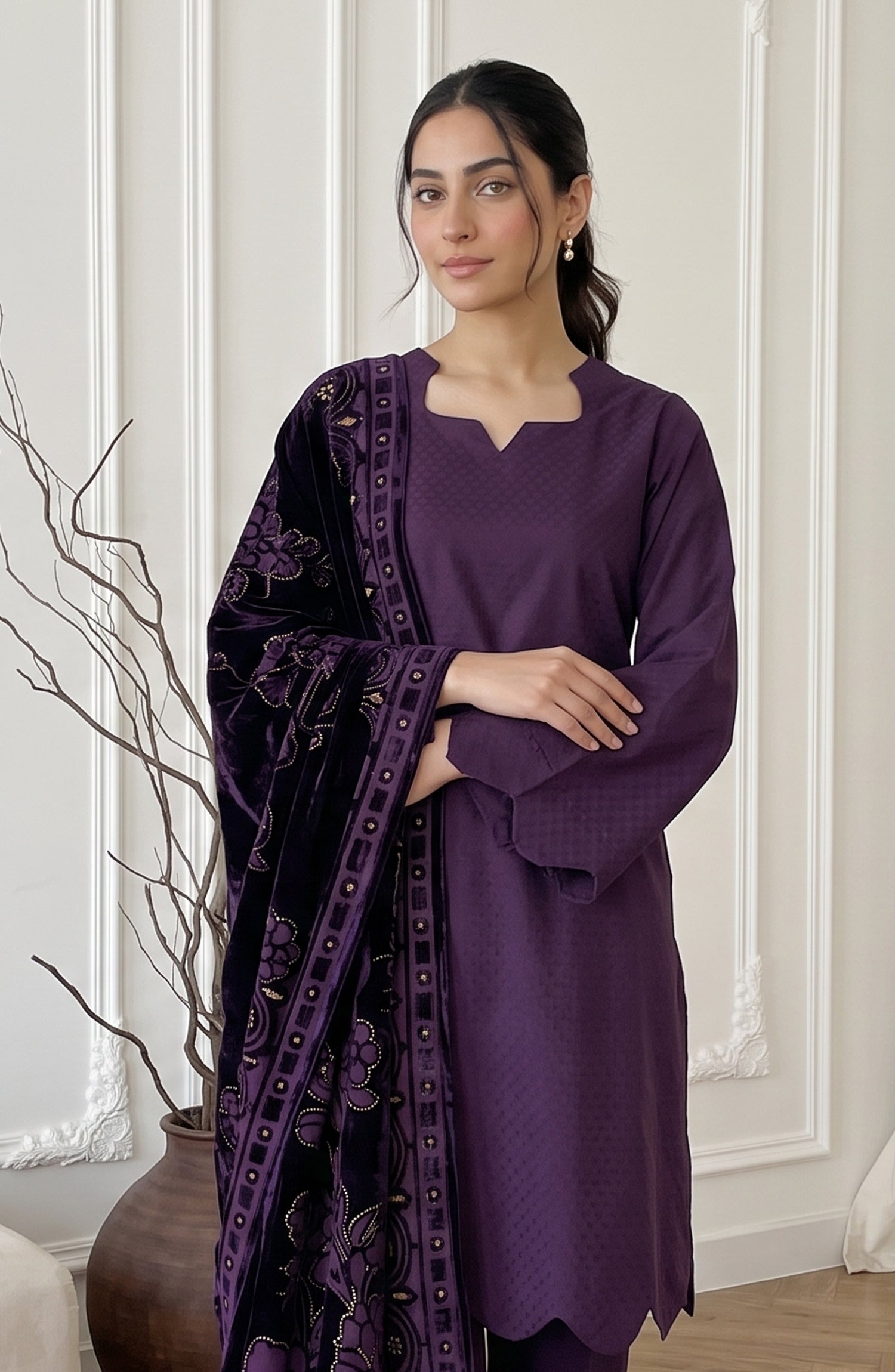 Calira by Amna Khadija Fancy Dhanak Jacquard Unstitched 3 Piece Suit - AKC-05 - AM26CLR - Purple - Winter Collection