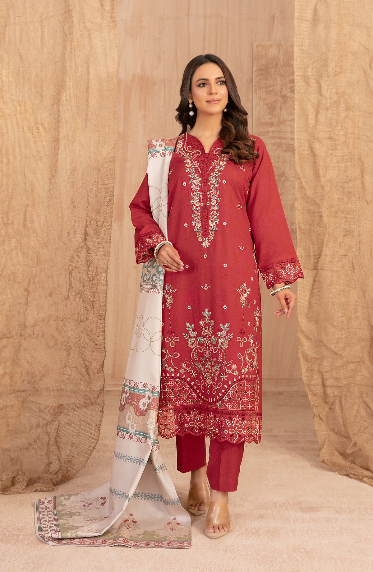 Cassa by Tawakkal Fabrics Embroidered Dhanak Unstitched 3 Piece Suit - D-5401 - TF25CASA - Red - Winter Collection