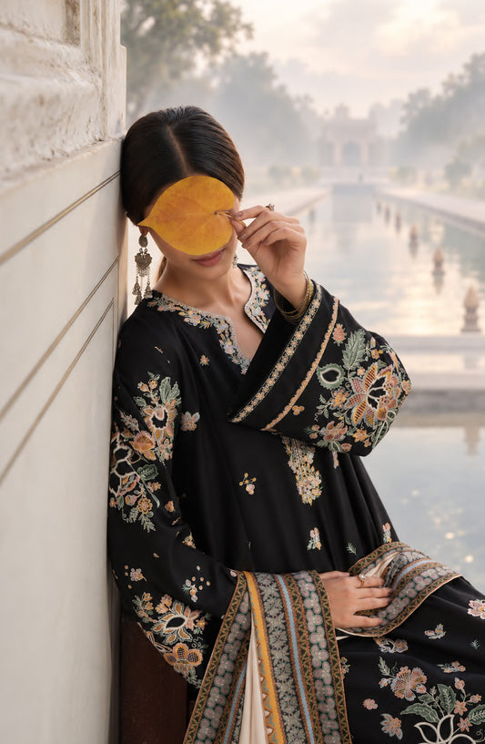 Casual Lite Moksha Embroidered Silk Karandi Stitched 3 Piece Suit - D-01 ROYA - CL26MK - Black - Winter Collection