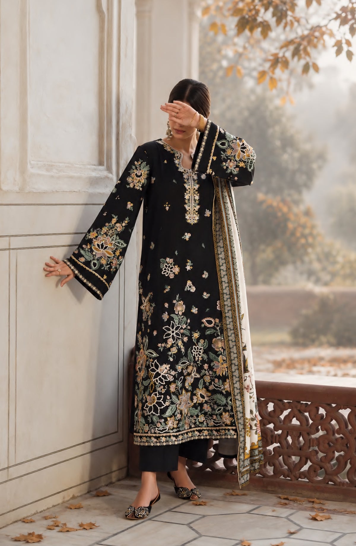 Casual Lite Moksha Embroidered Silk Karandi Stitched 3 Piece Suit - D-01 ROYA - CL26MK - Black - Winter Collection
