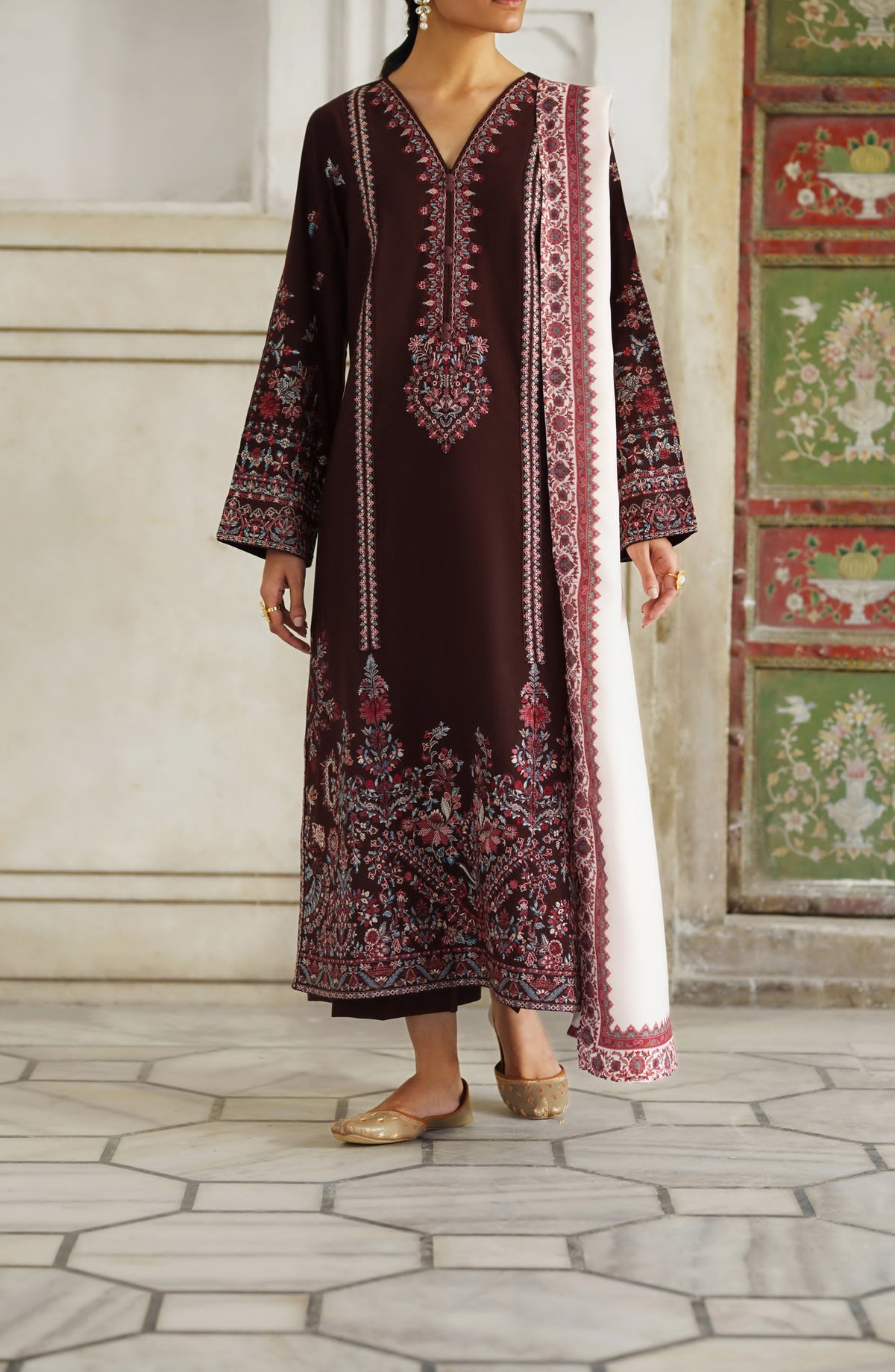 Casual Lite Moksha Embroidered Silk Karandi Stitched 3 Piece Suit - D-04 BARAN - CL26MK - Maroon - Winter Collection