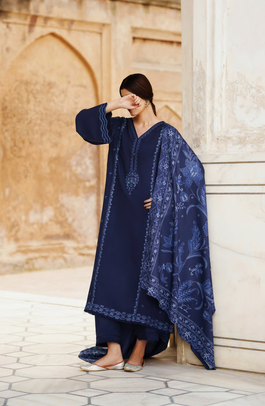 Casual Lite Moksha Embroidered Silk Karandi Stitched 3 Piece Suit - D-07 DELARA - CL26MK - Blue - Winter Collection