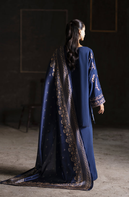 Casual Lite Aik Sitara Premium Embroidered Silk Viscose Stitched 3 Piece Suit - Midnight Elegance - CL25AIS - Blue - Festive Collection