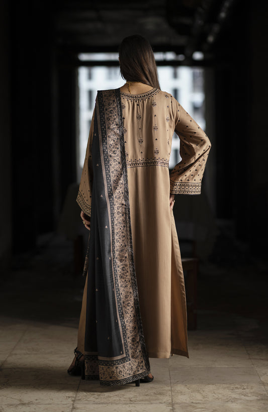 Casual Lite Aik Sitara Premium Embroidered Silk Viscose Stitched 3 Piece Suit - Desert Elegance - CL25AIS - Beige - Festive Collection