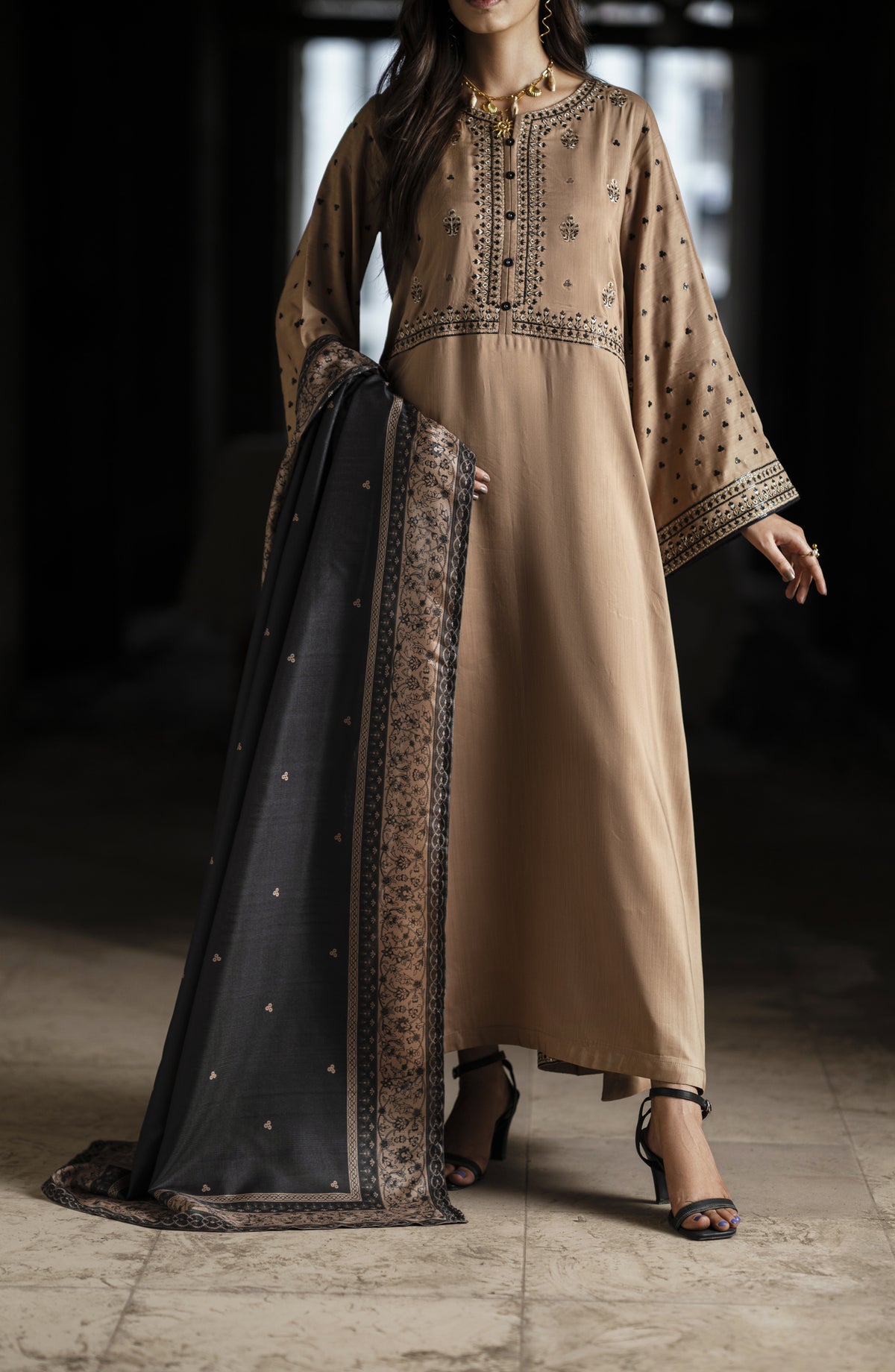 Casual Lite Aik Sitara Premium Embroidered Silk Viscose Stitched 3 Piece Suit - Desert Elegance - CL25AIS - Beige - Festive Collection