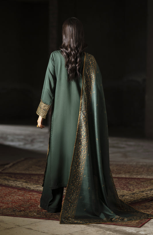 Casual Lite Aik Sitara Premium Embroidered Silk Viscose Stitched 3 Piece Suit - Emerald Royal - CL25AIS - Green - Festive Collection
