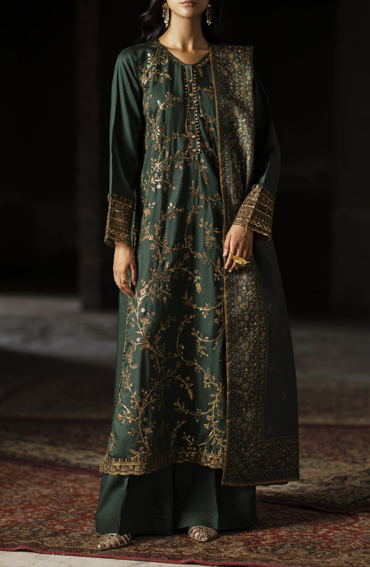 Casual Lite Aik Sitara Premium Embroidered Silk Viscose Stitched 3 Piece Suit - Emerald Royal - CL25AIS - Green - Festive Collection