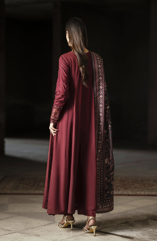 Casual Lite Aik Sitara Premium Embroidered Silk Viscose Stitched 3 Piece Suit - Midnight Rose - CL25AIS - Red - Festive Collection