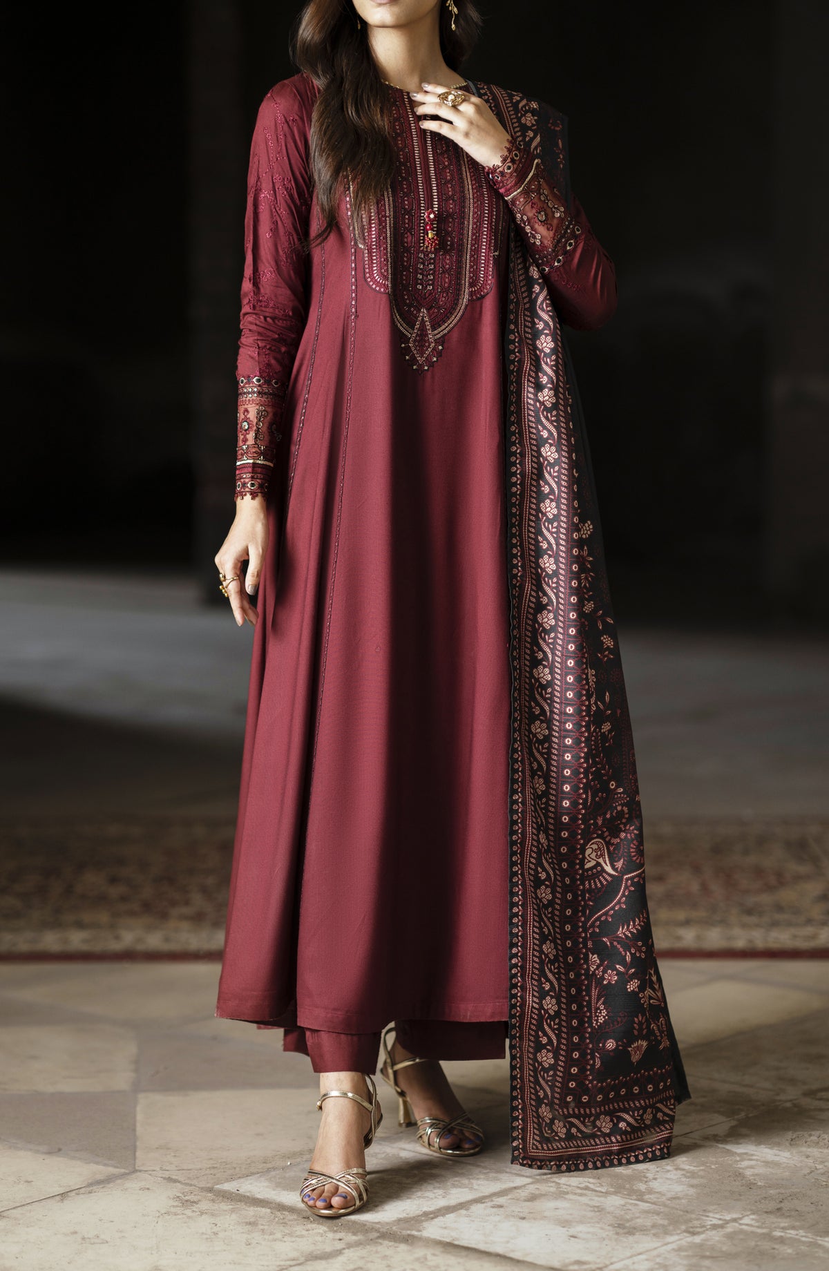 Casual Lite Aik Sitara Premium Embroidered Silk Viscose Stitched 3 Piece Suit - Midnight Rose - CL25AIS - Red - Festive Collection