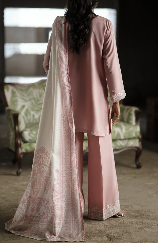 Casual Lite Aik Sitara Premium Embroidered Silk Viscose Stitched 3 Piece Suit - Blush Blossom - CL25AIS - Pink - Festive Collection