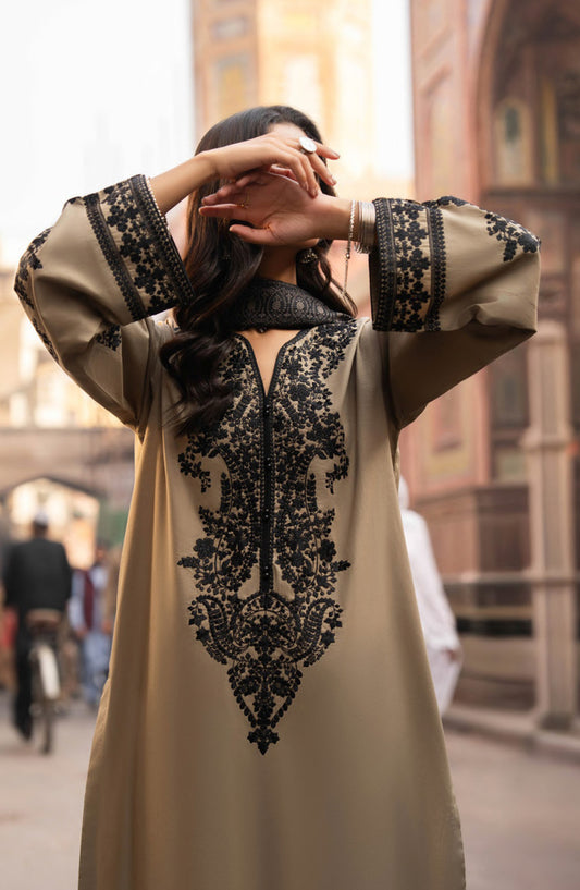 Casual Lite Bazaar Embroidered Stitched 3 Piece Suit - Desert Noir - CL26BZH - Beige - Casual Collection