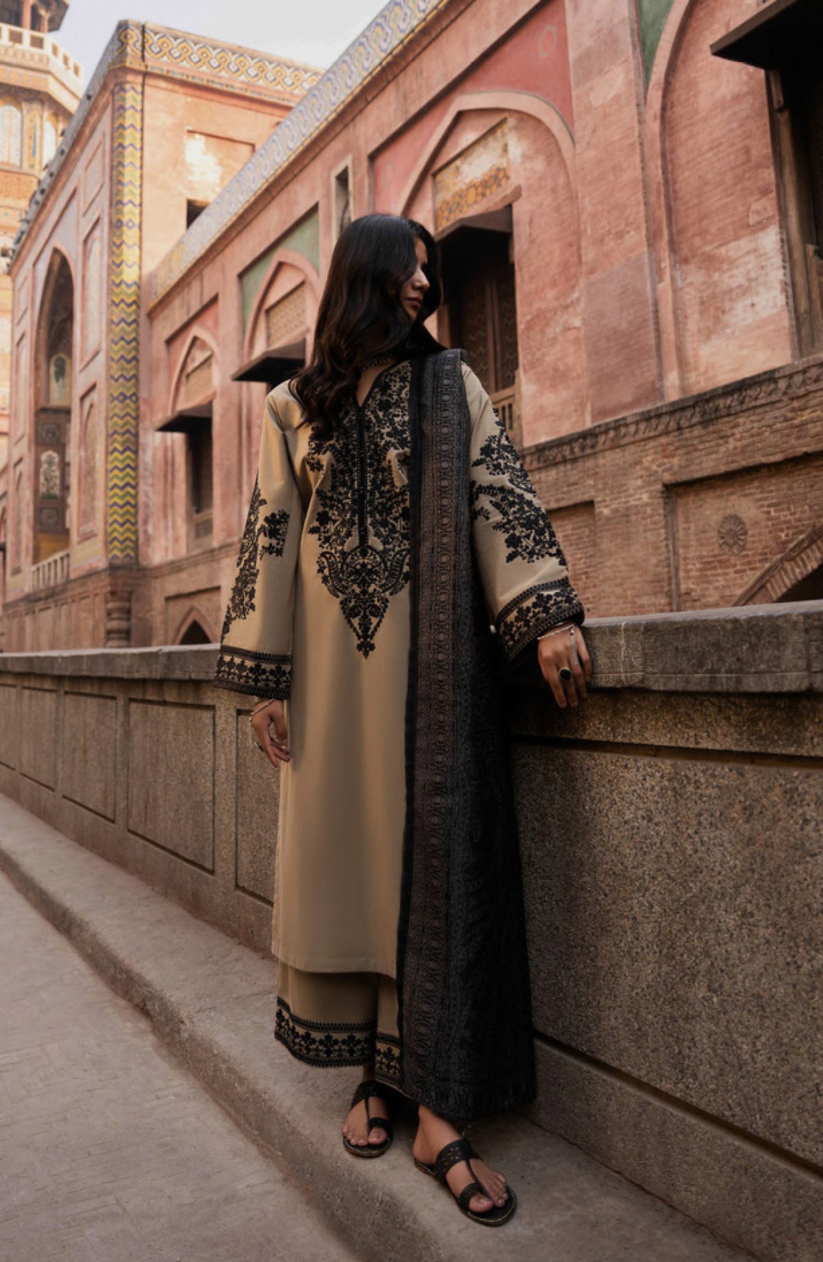 Casual Lite Bazaar Embroidered Stitched 3 Piece Suit - Desert Noir - CL26BZH - Beige - Casual Collection