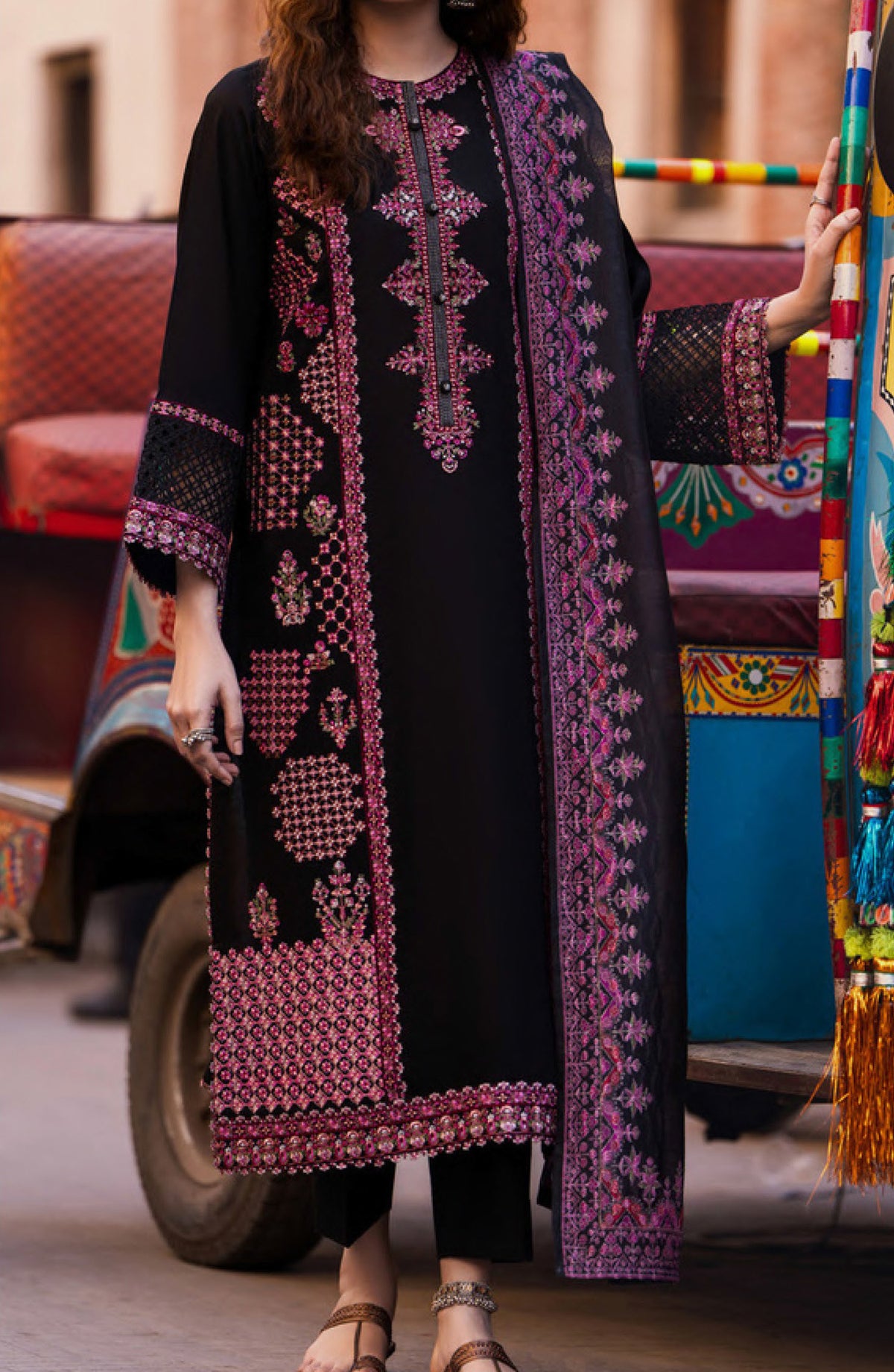 Casual Lite Bazaar Embroidered Stitched 3 Piece Suit - Midnight Rose - CL26BZH - Black - Casual Collection