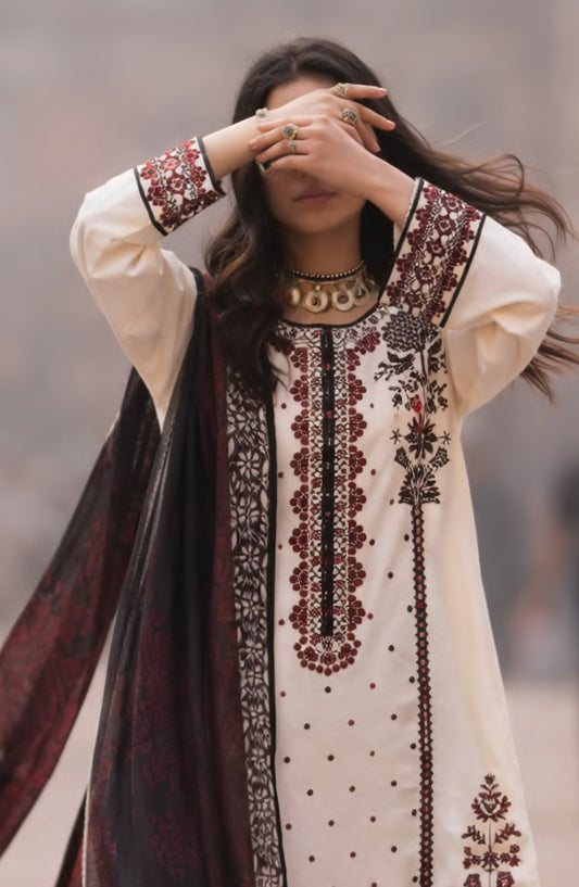 Casual Lite Bazaar Embroidered Stitched 3 Piece Suit - Pure Heirloom - CL26BZH - White - Casual Collection