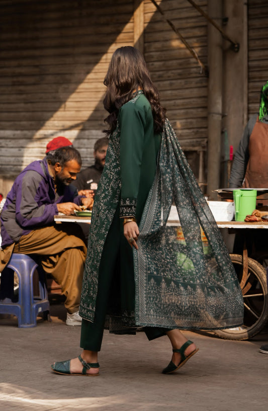Casual Lite Bazaar Embroidered Stitched 3 Piece Suit - Classic Emerald - CL26BZH - Green - Casual Collection