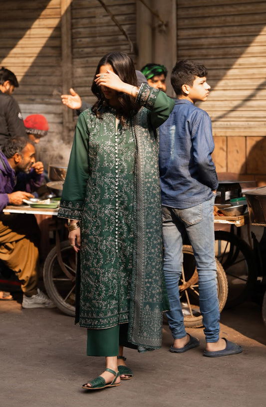 Casual Lite Bazaar Embroidered Stitched 3 Piece Suit - Classic Emerald - CL26BZH - Green - Casual Collection
