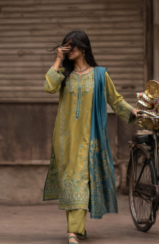 Casual Lite Bazaar Embroidered Stitched 3 Piece Suit - Olive Blossom - CL26BZH - Green - Casual Collection