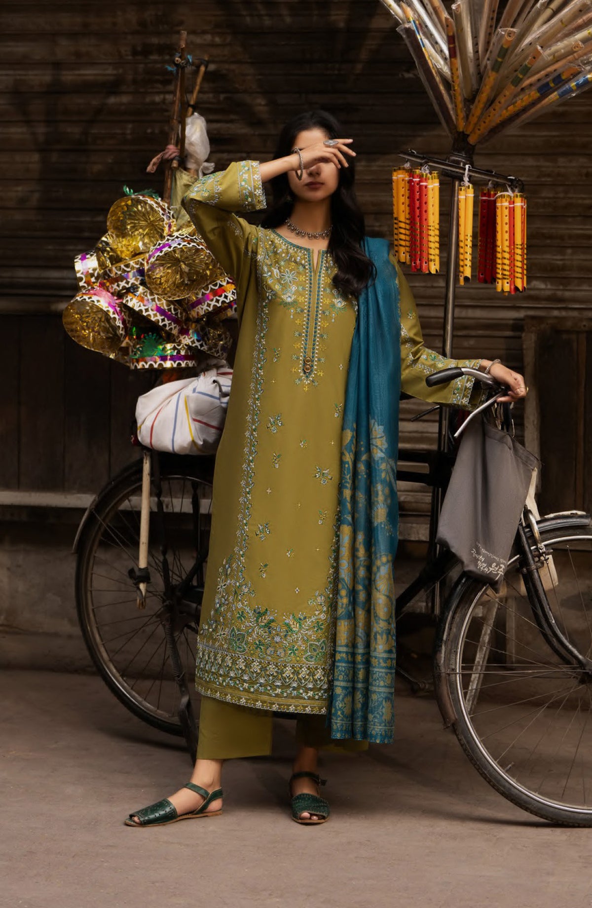 Casual Lite Bazaar Embroidered Stitched 3 Piece Suit - Olive Blossom - CL26BZH - Green - Casual Collection