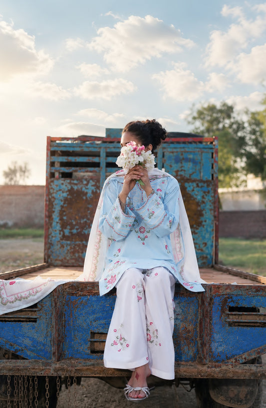 Casual Lite HER Summer Embroidered Cotton Lawn Stitched 3 Piece Suit - Cloudveil - CL26HER - Sky Blue - Festive Collection