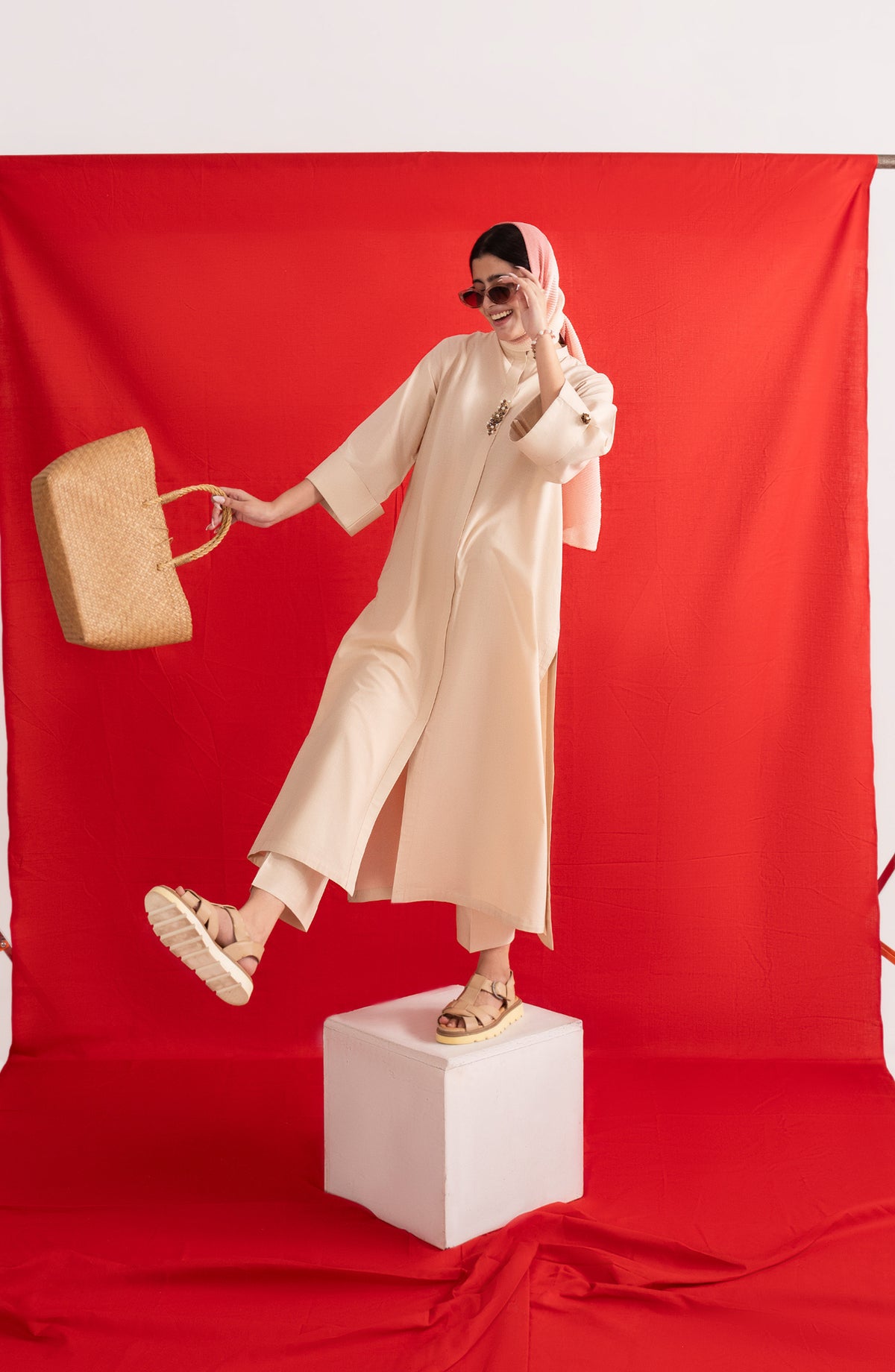 Casual Lite Like a Bird Printed Premium Linen Stitched 2 Piece Dress - Outfit-07 Dune Mode - CL25LKB - Fawn - Casuals Pre Fall Collection