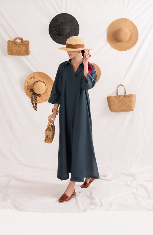 Casual Lite Like a Bird Printed Premium Linen Stitched 2 Piece Dress - Outfit-06 Coastal Muse - CL25LKB - Teal - Casuals Pre Fall Collection