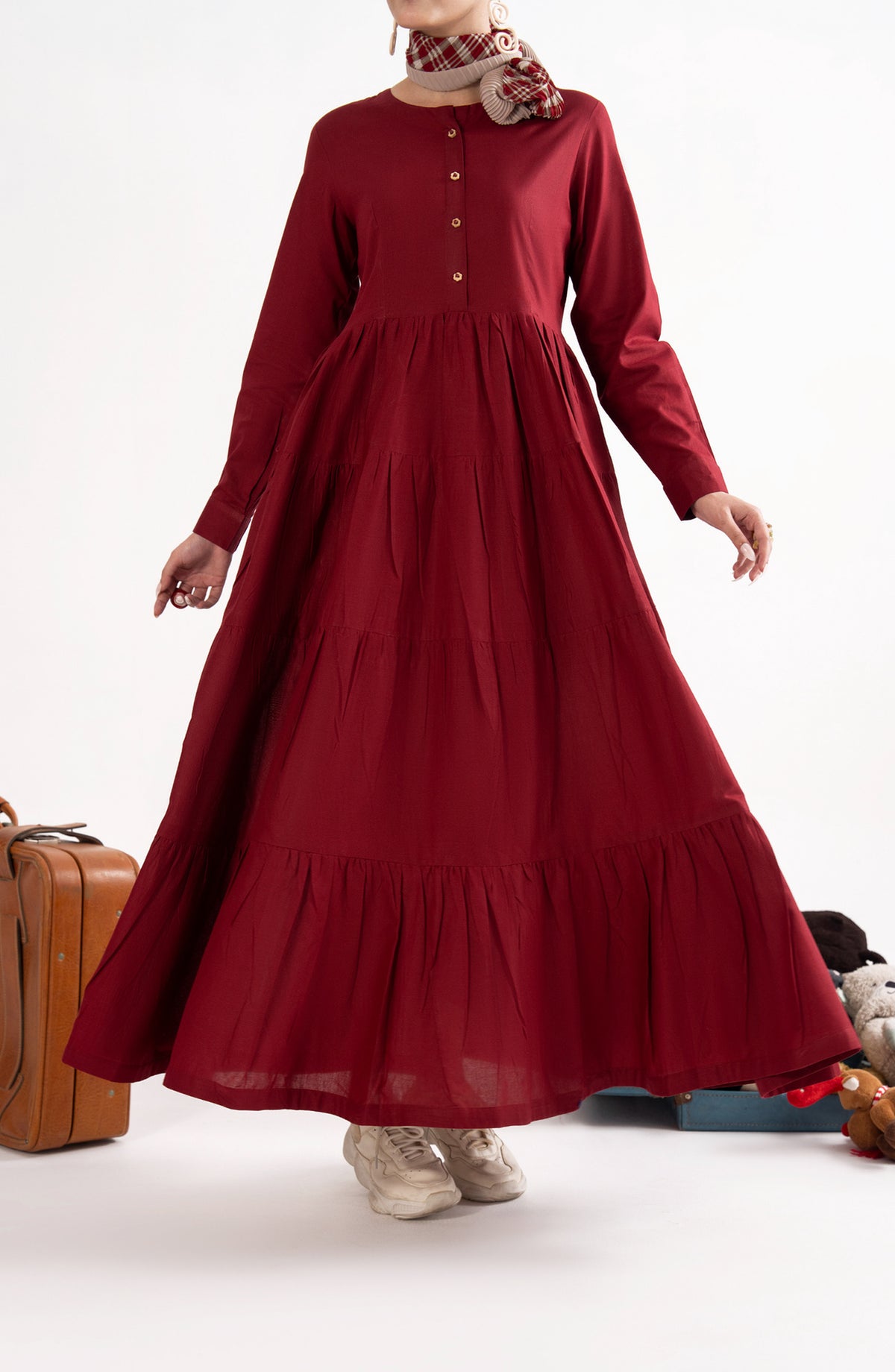 Casual Lite Like a Bird Printed Premium Linen Stitched 2 Piece Dress - Outfit-05 Crimson Drift - CL25LKB - Red - Casuals Pre Fall Collection