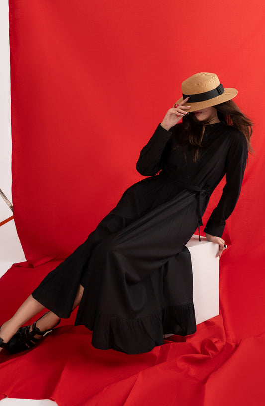 Casual Lite Like a Bird Printed Premium Linen Stitched 2 Piece Dress - Outfit-03 Noir Ruffle Charm - CL25LKB - Black - Casuals Pre Fall Collection
