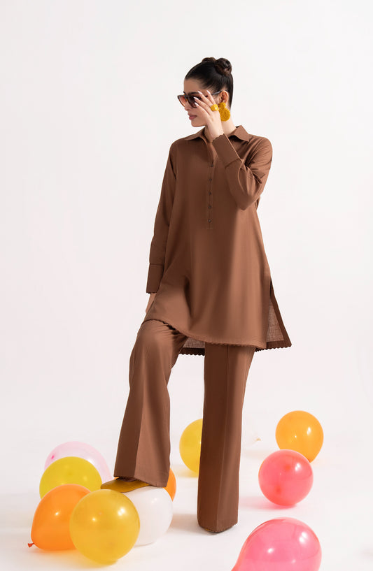 Casual Lite Like a Bird Printed Premium Linen Stitched 2 Piece Dress - Outfit-02 Cocoa Edge - CL25LKB - Brown - Casuals Pre Fall Collection