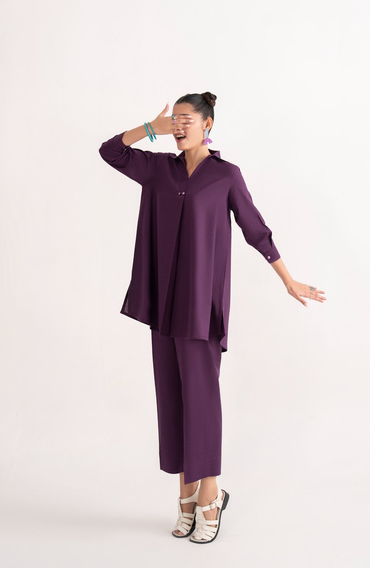 Casual Lite Like a Bird Printed Premium Linen Stitched 2 Piece Dress - Outfit-01 Violet Frame - CL25LKB - Purple - Casuals Pre Fall Collection