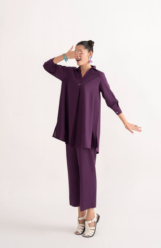 Casual Lite Like a Bird Printed Premium Linen Stitched 2 Piece Dress - Outfit-01 Violet Frame - CL25LKB - Purple - Casuals Pre Fall Collection