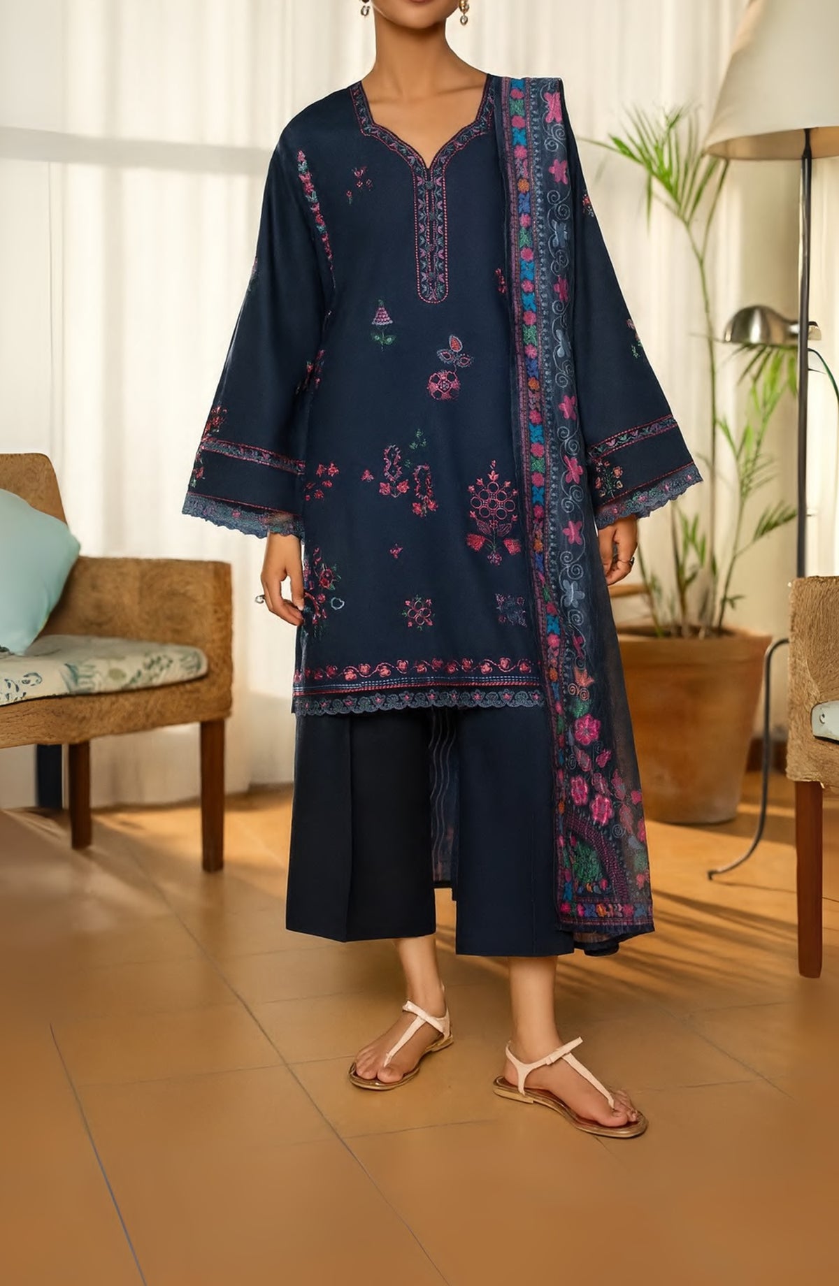 Casual Lite Misha Premium Embroidered Linen Stitched 3 Piece Suit - Outfit-07 - CL25ISA - Blue - Pre-Fall Collection