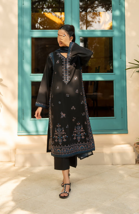 Casual Lite Misha Premium Embroidered Linen Stitched 3 Piece Suit - Outfit-05 - CL25ISA - Black - Pre-Fall Collection