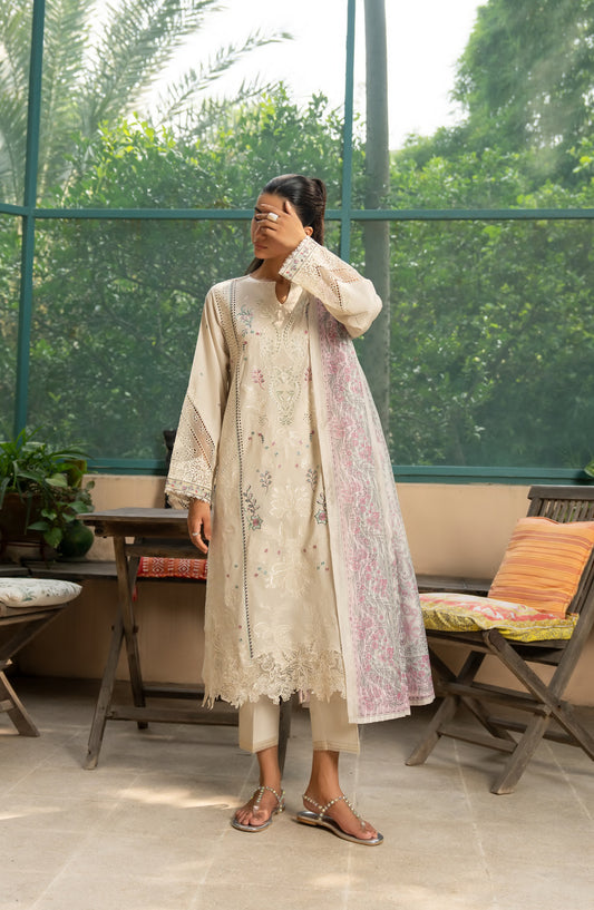 Casual Lite Misha Premium Embroidered Linen Stitched 3 Piece Suit - Outfit-03 - CL25ISA - Cream - Pre-Fall Collection