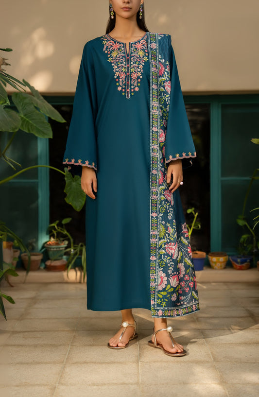 Casual Lite Misha Premium Embroidered Linen Stitched 3 Piece Suit - Outfit-02 - CL25ISA - Teal - Pre-Fall Collection