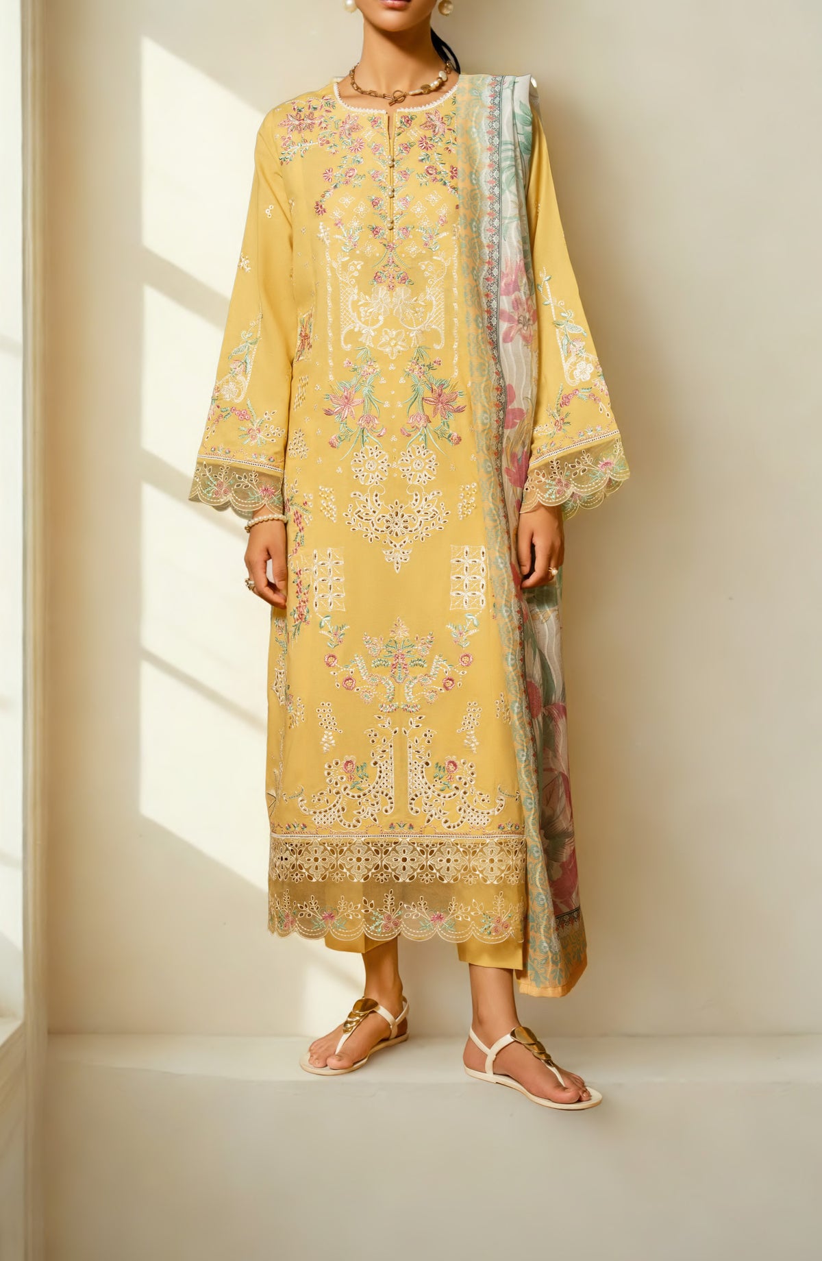 Casual Lite Misha Premium Embroidered Linen Stitched 3 Piece Suit - Outfit-01 - CL25ISA - Yellow - Pre-Fall Collection