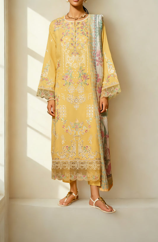 Casual Lite Misha Premium Embroidered Linen Stitched 3 Piece Suit - Outfit-01 - CL25ISA - Yellow - Pre-Fall Collection