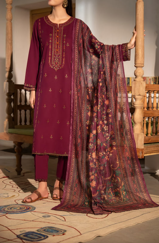 Saavan by Casual Lite Embroidered Premium Cotton Stitched 3 Piece Suit - Mulberry Garden - CL25SVN - Maroon - Festive Collection