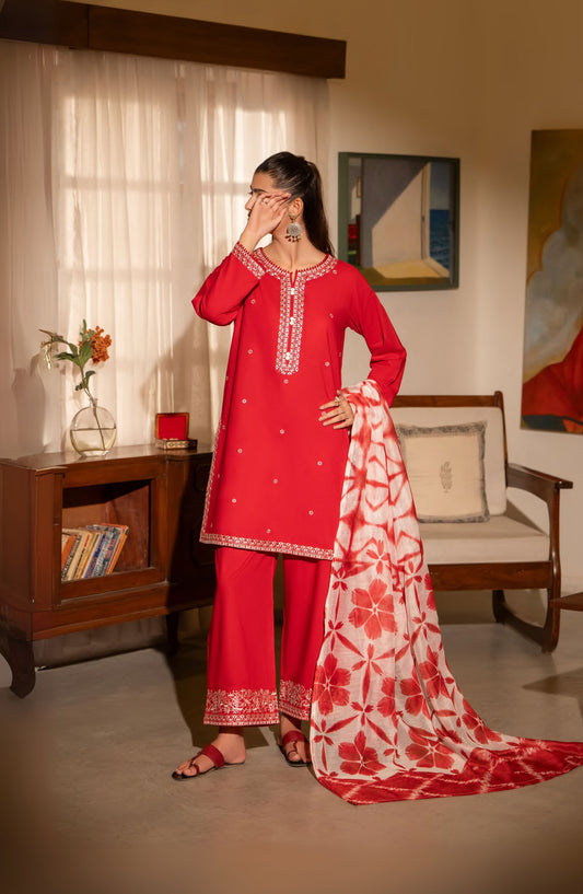 Saavan by Casual Lite Embroidered Premium Cotton Stitched 3 Piece Suit - Crimson Bloom - CL25SVN - Red - Festive Collection