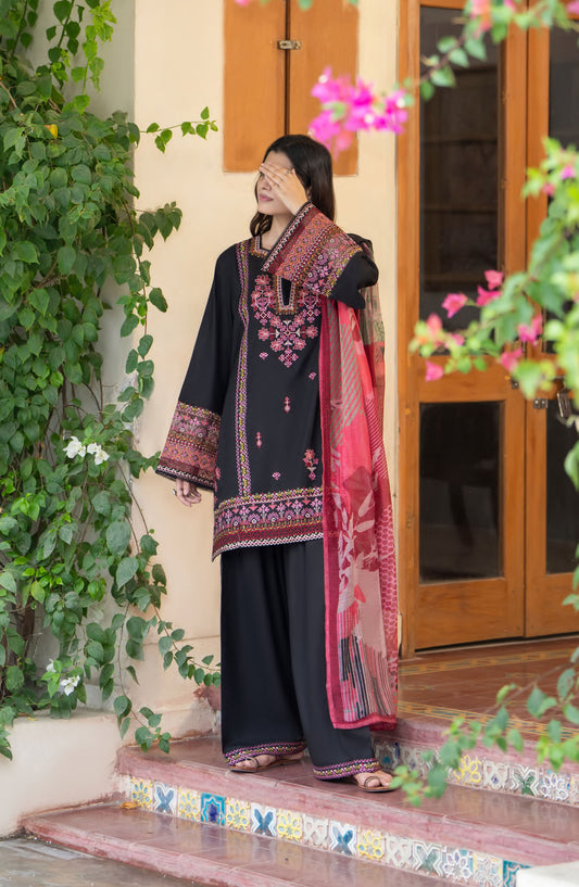 Saavan by Casual Lite Embroidered Premium Cotton Stitched 3 Piece Suit - Noir Bloom - CL25SVN - Blue - Festive Collection