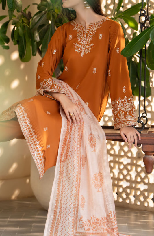Saavan by Casual Lite Embroidered Premium Cotton Stitched 3 Piece Suit - Amber Grace - CL25SVN - Orange - Festive Collection