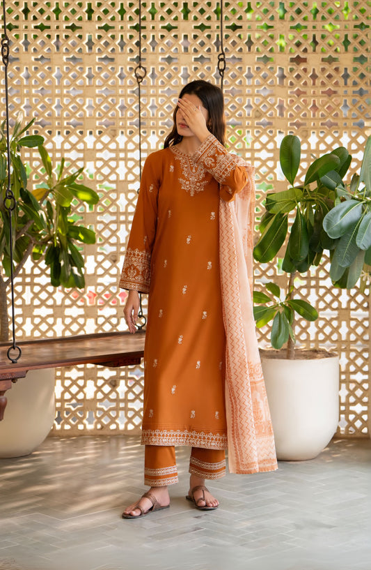 Saavan by Casual Lite Embroidered Premium Cotton Stitched 3 Piece Suit - Amber Grace - CL25SVN - Orange - Festive Collection