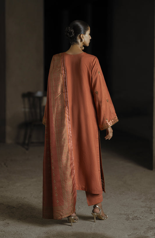 Casual Lite Shaam Boutique Embroidered Silk Viscose Stitched 3 Piece Suit - Sunset Radiance - CL25SHM - Orange - Winter Collection