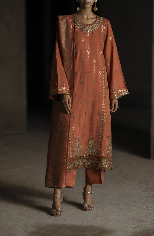 Casual Lite Shaam Boutique Embroidered Silk Viscose Stitched 3 Piece Suit - Sunset Radiance - CL25SHM - Orange - Winter Collection