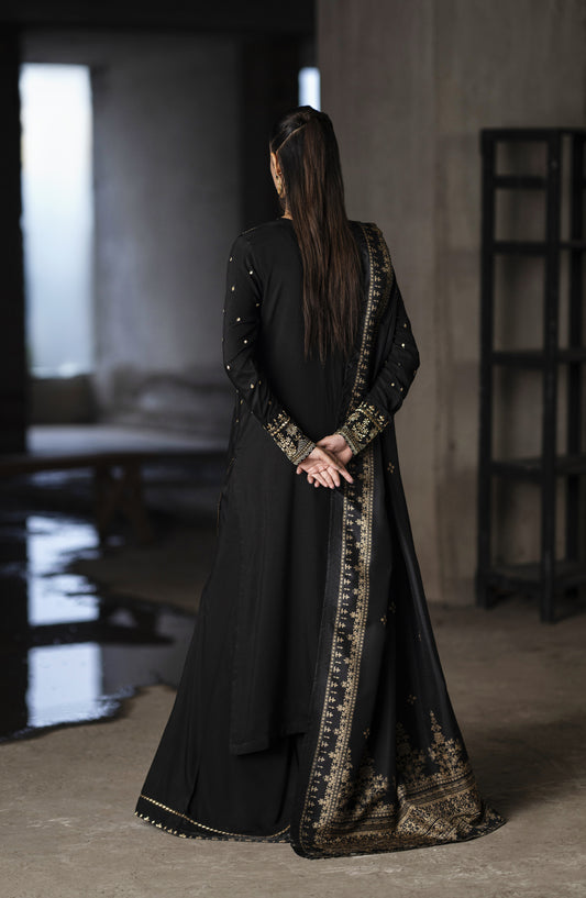Casual Lite Shaam Boutique Embroidered Silk Viscose Stitched 3 Piece Suit - Culustial Night - CL25SHM - Black - Winter Collection