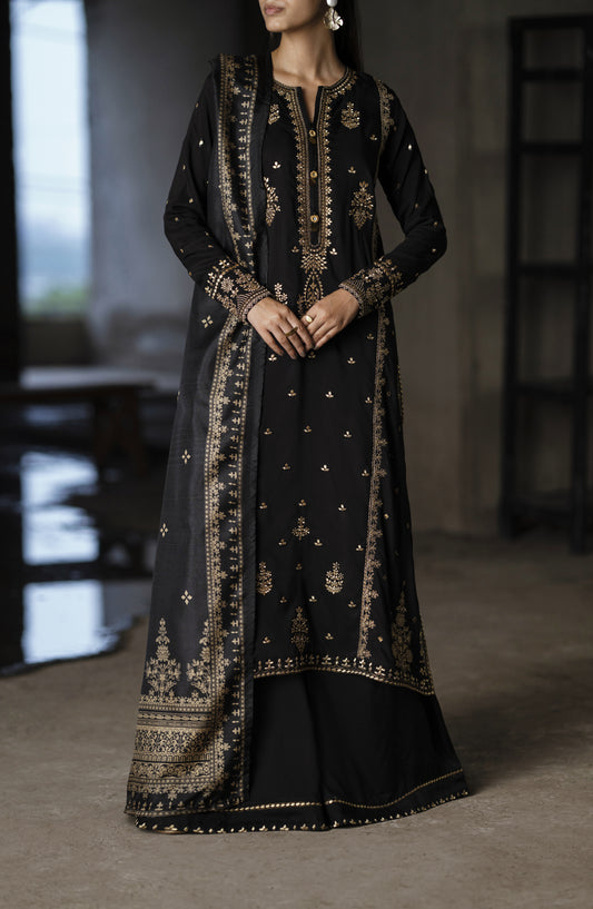 Casual Lite Shaam Boutique Embroidered Silk Viscose Stitched 3 Piece Suit - Culustial Night - CL25SHM - Black - Winter Collection
