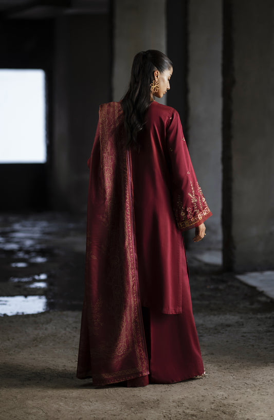 Casual Lite Shaam Boutique Embroidered Silk Viscose Stitched 3 Piece Suit - Zaroonah - CL25SHM - Red - Winter Collection