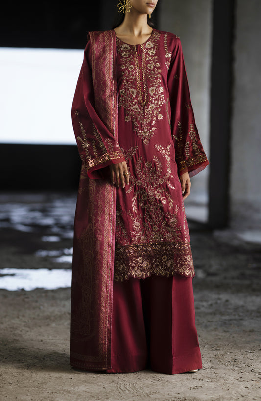 Casual Lite Shaam Boutique Embroidered Silk Viscose Stitched 3 Piece Suit - Zaroonah - CL25SHM - Red - Winter Collection